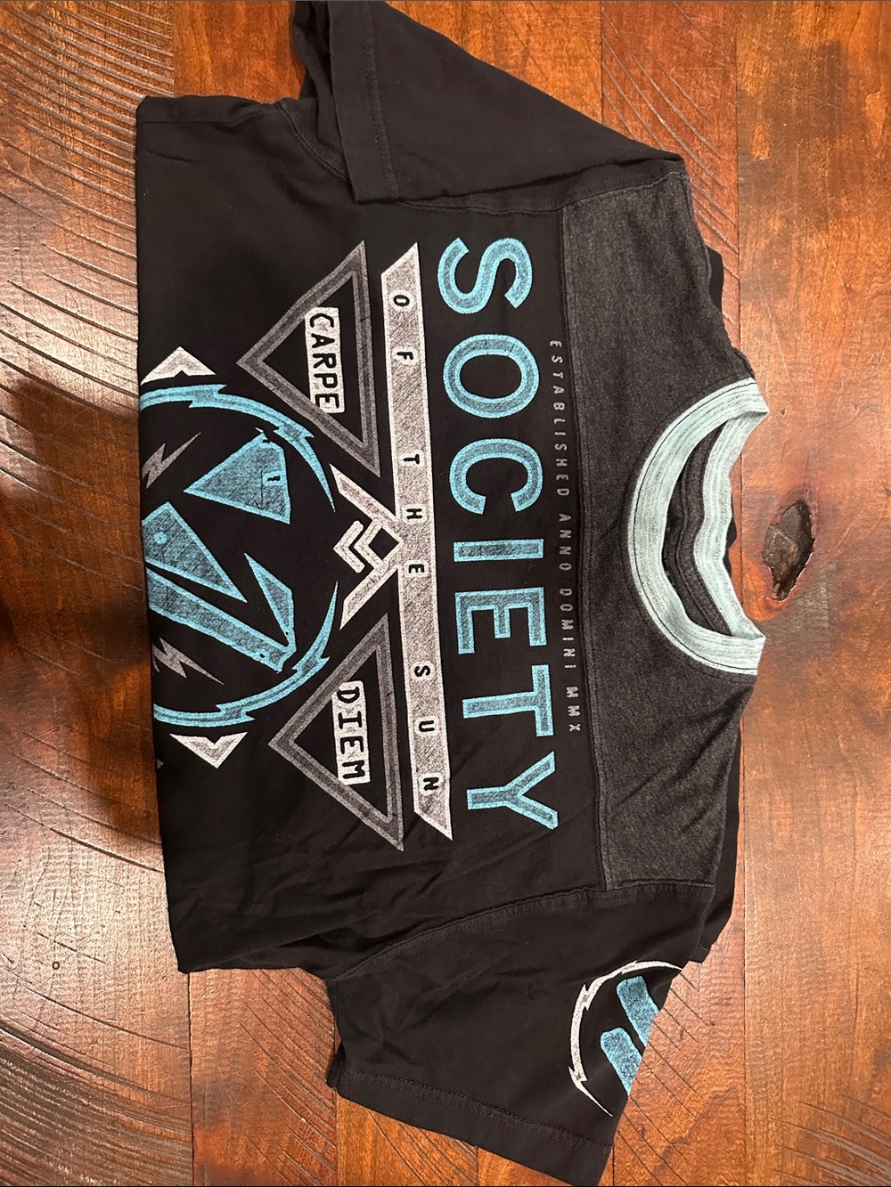 Society Black Tee with Aqua and Light Gray Graphic